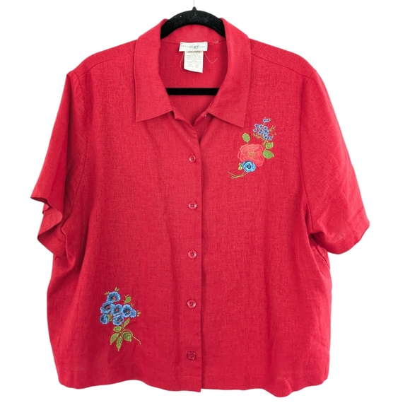 Vtg 90s Top Embroidered Floral Button Up Blouse Cottage Size 18W Linen Blend Red - Picture 1 of 8